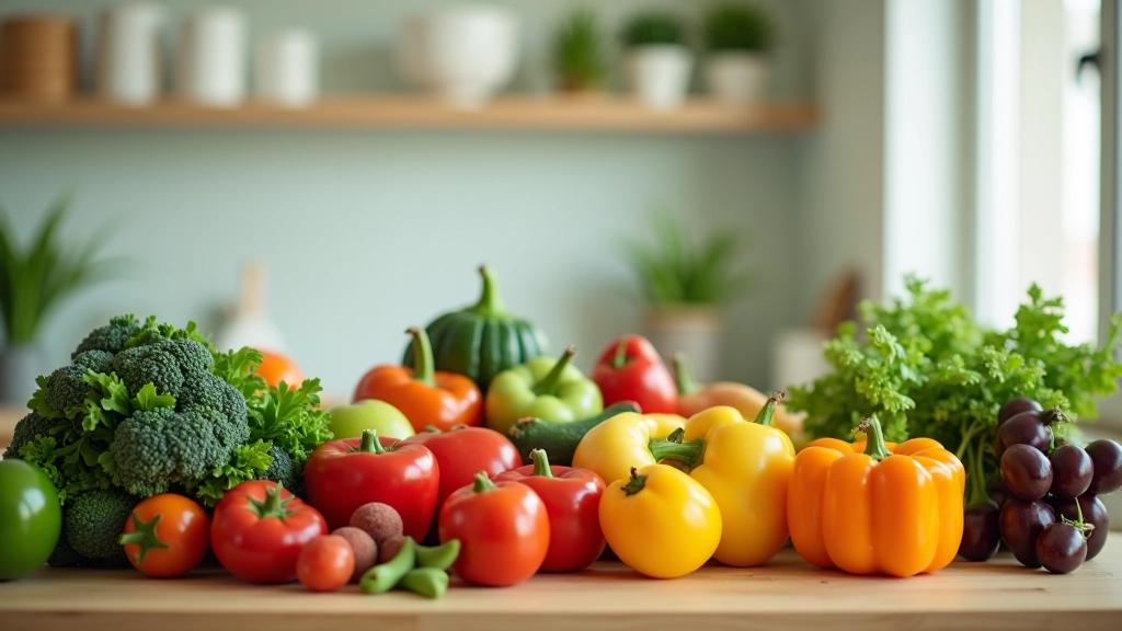 Colorful fresh produce and groceries on kitchen counter