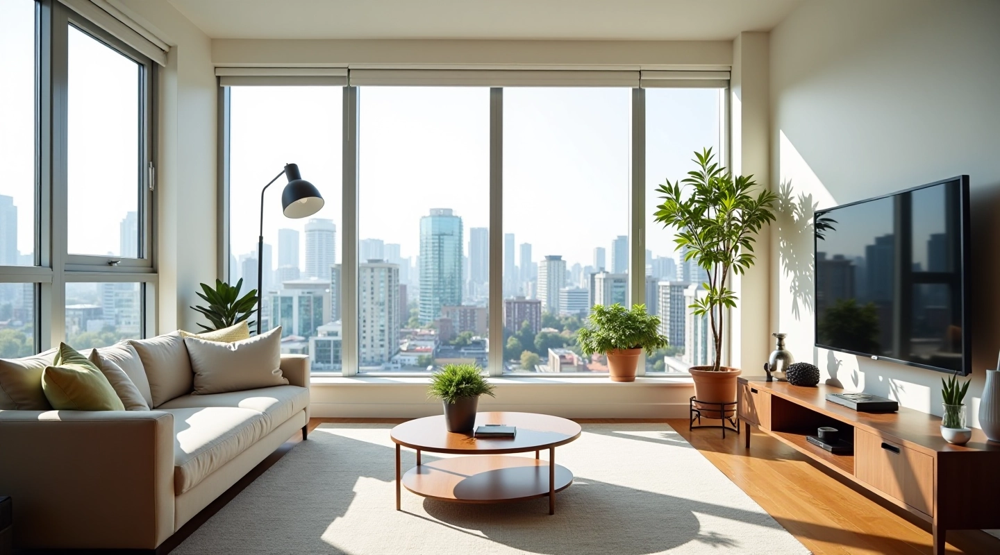 Apartment living room with furniture and large windows showing Vancouver skyline