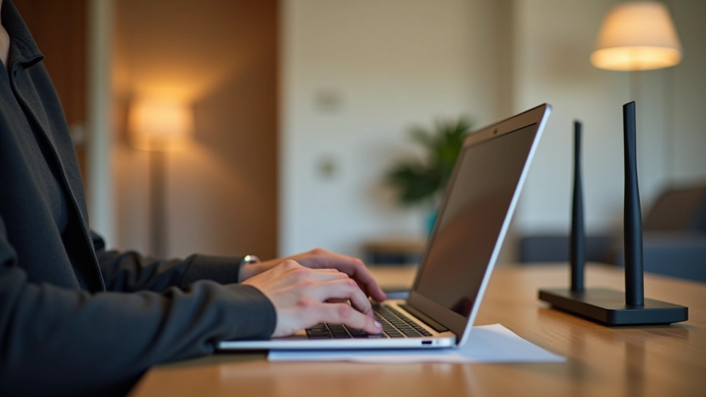 Person working on laptop at home desk with wireless router visible