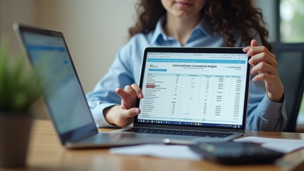Person working on laptop with spreadsheet and calculator visible