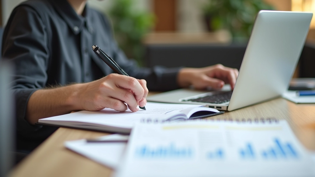 Person reviewing monthly budget spreadsheet on laptop with notebook