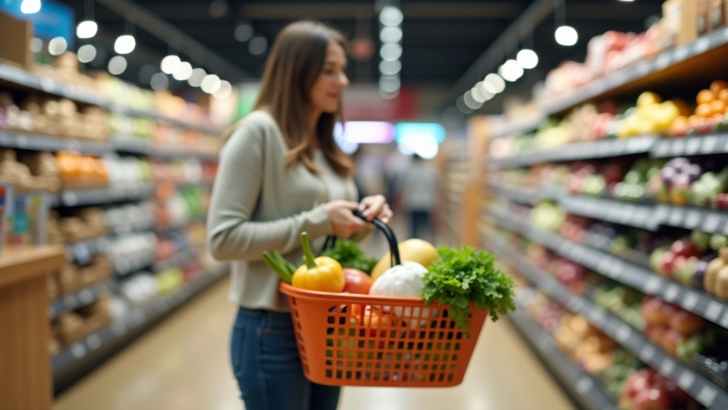 Young person shopping at grocery store with basket and receipt