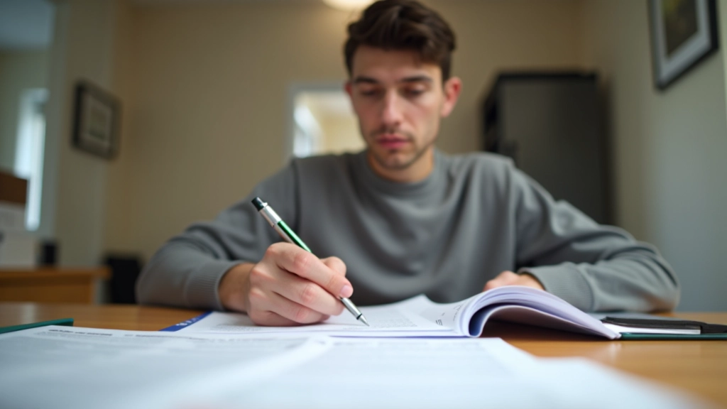 Person reviewing rental agreement documents and budget planning sheets at desk